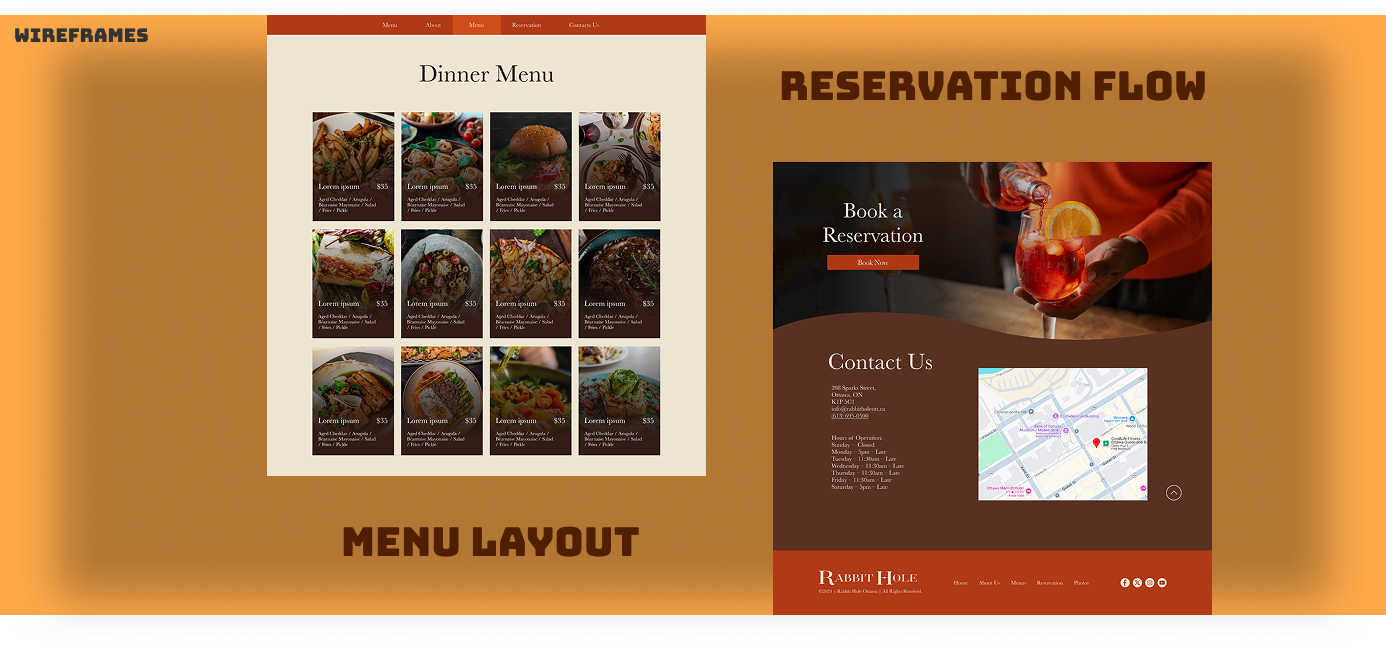 Rabbit Hole Menu and Reservation Wireframe